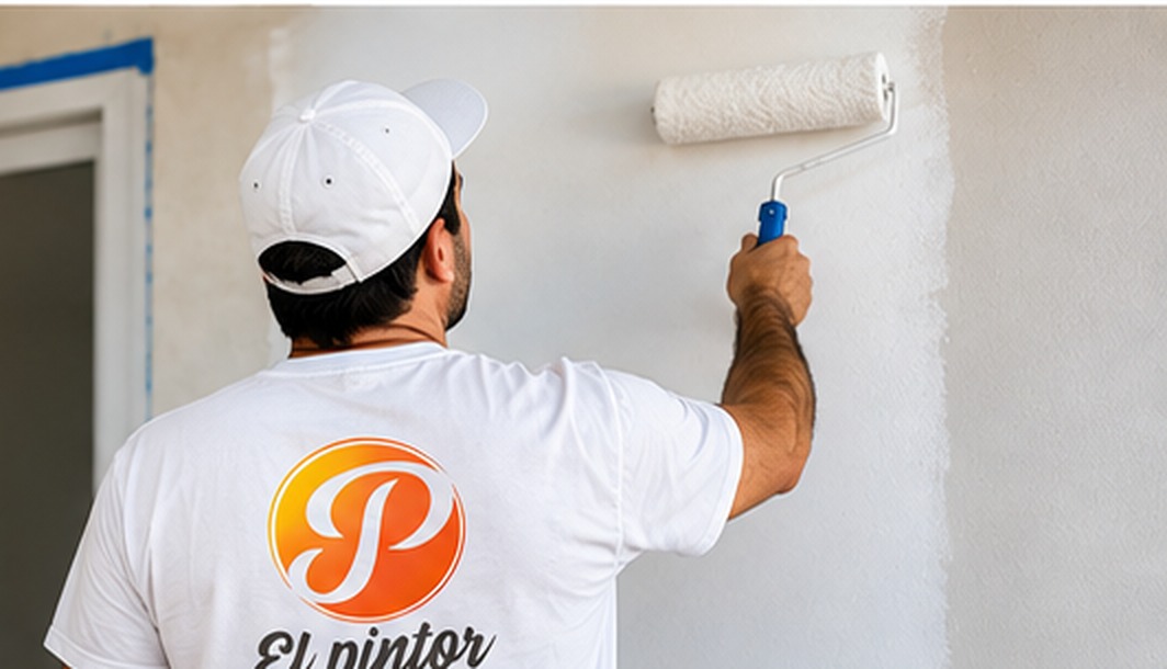 Pintor trabajando con rodillo y remera blanca con el logo naranja de El Pintor